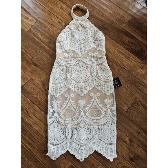 Lulus Celebrate Life White Lace Halter Midi Dress NWT Size L Wedding Shower - Picture 1 of 9